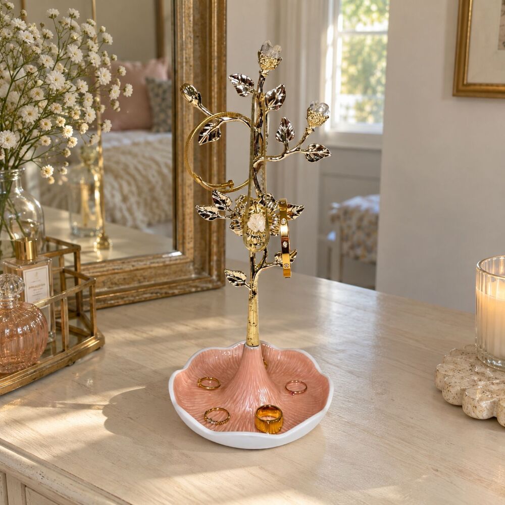 NEW Large Gold Floral Jewelry Tree Stand Pink Ceramic Trinket Dish Holder Tower